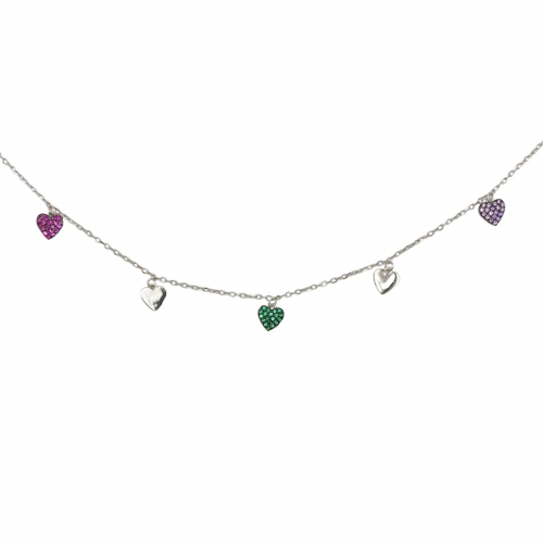 Collana arg. rodiato con ciondoli a cuore e pavé colorato verde, rubino e viola